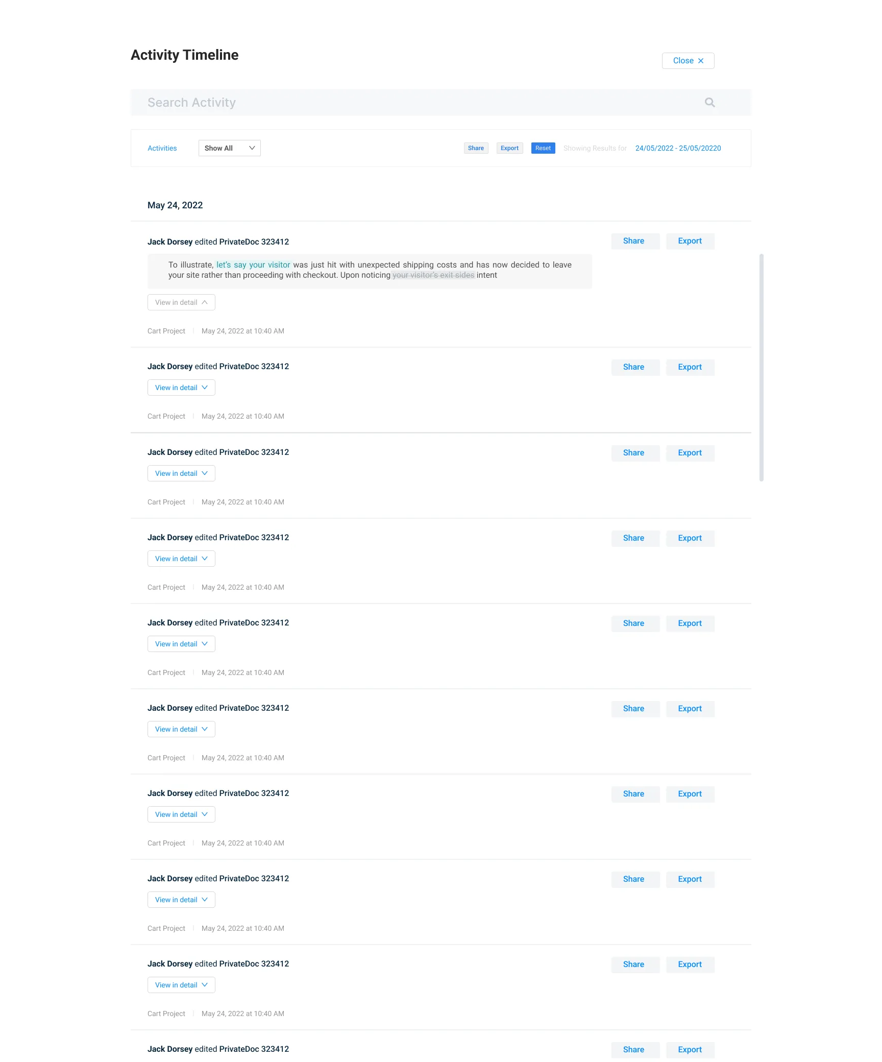 Detail view with date and event filters